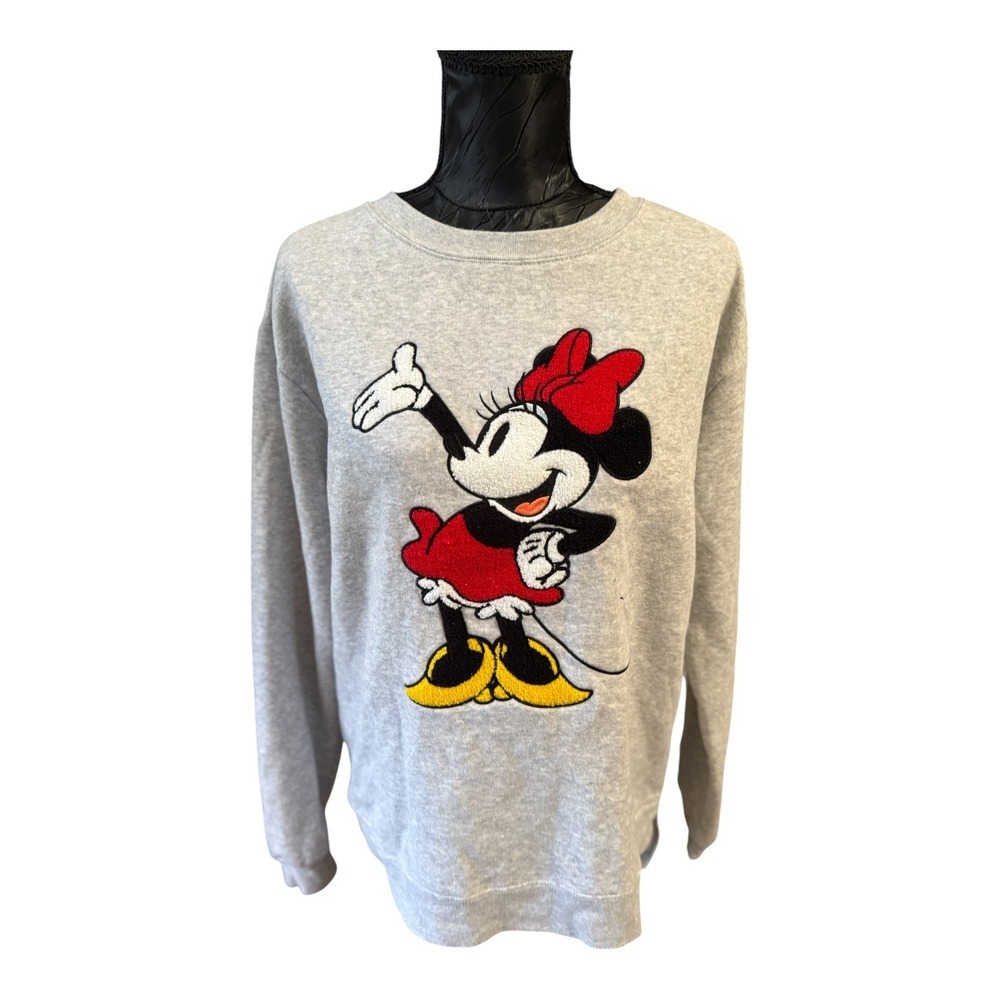 Disney Minnie Mouse Gray Heather Chenille Applique Pullover Sweatshirt Women's L